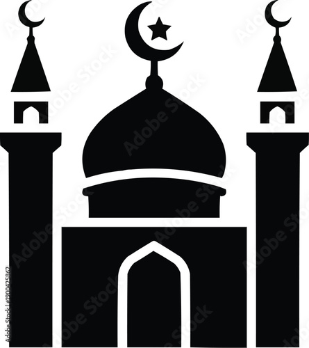 This image is a black-and-white silhouette icon of Muslims. It uses a symmetrical, symmetrical design to represent the main architectural features of Islamic religious buildings.