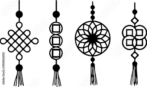 Set of Chinese traditional hanging ornaments, lunar new year decorative knots and coins