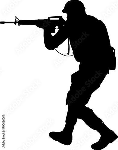 Army soldier silhouette walking and aiming rifle, military tactical assault concept