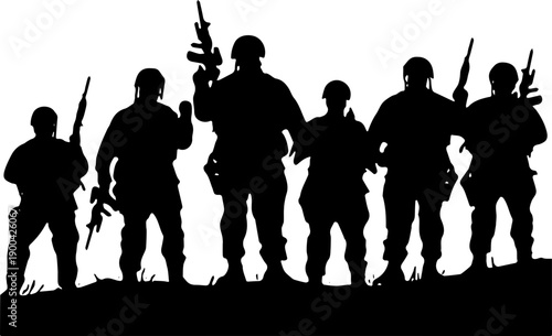 Military squad silhouette standing on hill, army infantry team in tactical formation