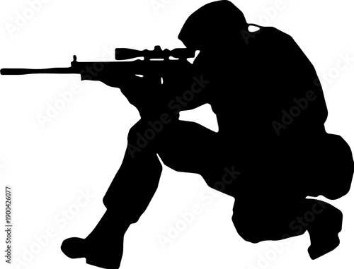 Army sniper silhouette kneeling and aiming rifle, military tactical sharpshooter concept