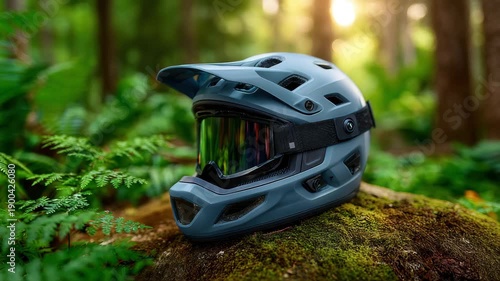 Modern mountain bike helmet with reflective visor in forest