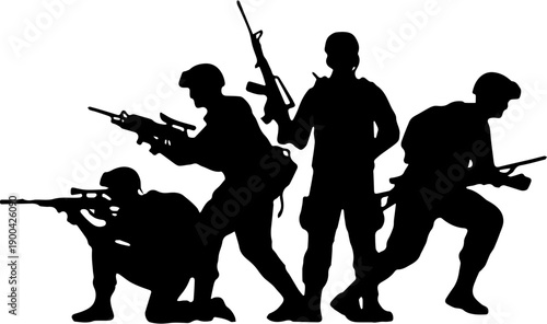 Military tactical team silhouette in combat positions, special forces squad operation