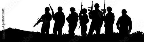 Army squad silhouette standing on a hill, military team on outdoor mission