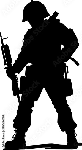 Army soldier silhouette standing on guard with rifle, military tactical mission concept