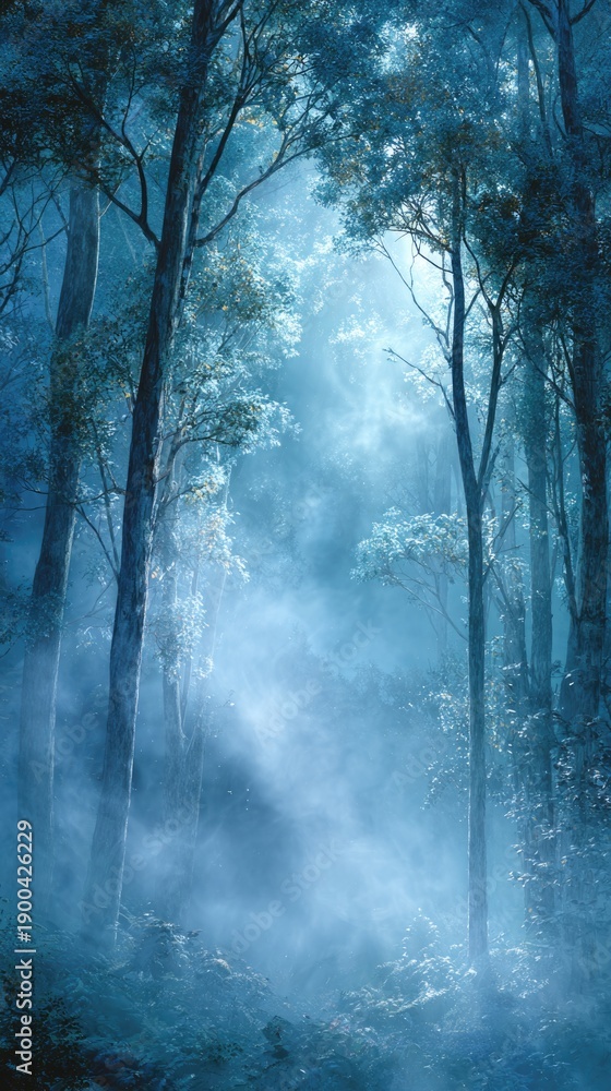 Obraz premium Ethereal Sky Forest With Blue Luminescent Trees and Soft Mist