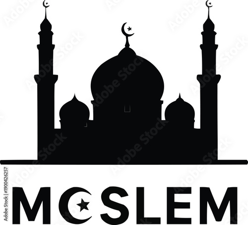 described is a logo featuring a mosque silhouette along with the word "MOSLEM