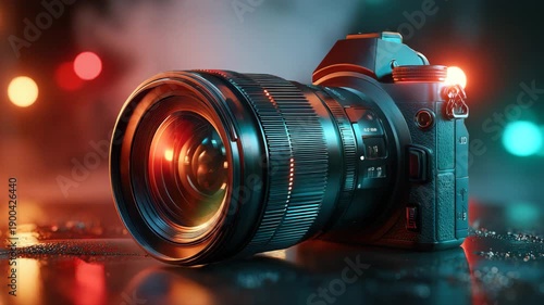 Professional camera with glowing lens on reflective surface