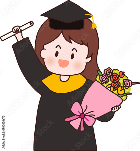 졸업 학사모를 쓴 웃는 여학생 여성