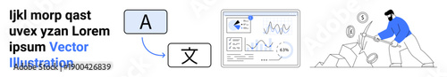 Localization, data visualization, cryptocurrency, business analytics, digital tools, international communication. Icons of translation, charts and crypto mining process. Localization and data