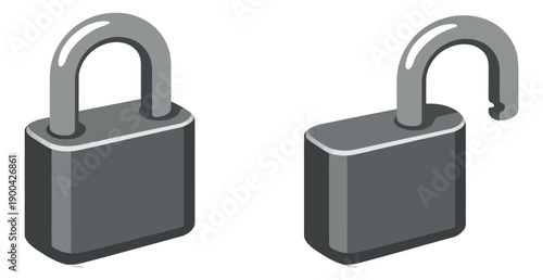 Isometric illustration padlock set featuring a closed and an open padlock for security and access concepts