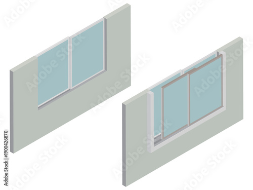 アイソメトリック二重窓を設置前と後のイラスト素材