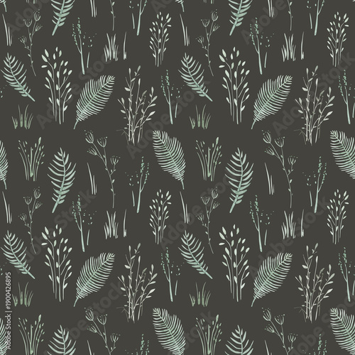 Floral seamless pattern with abstract blue and beige flowers, delicate branches and leaves. Watercolor print isolated on white background for textile or wallpapers.