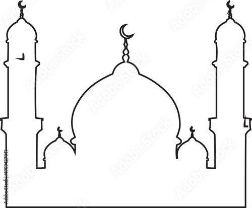 described is a black and white line drawing of a mosque, which serves as a significant representation of Islamic architecture and culture. 