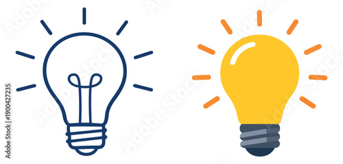 Creative light bulb icon set featuring a line art outline and a glowing flat design illustration for ideas and innovation