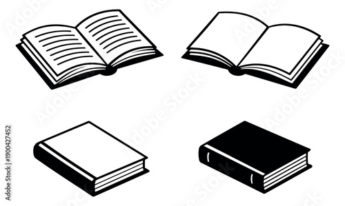 Black and white line art book icons set featuring open and closed versions for education and study