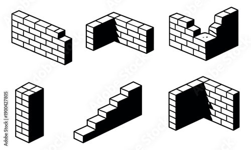 Isometric line art building blocks set featuring various brick walls and stairs for architectural design