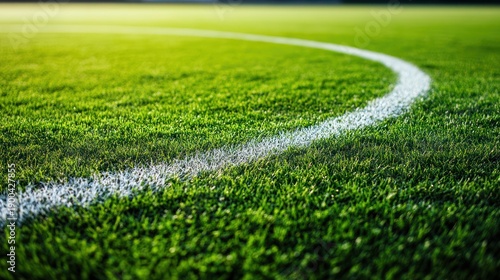 Close-up of a vibrant green soccer field with a white boundary line under bright stadium lights, highlighting the texture of the grass.
