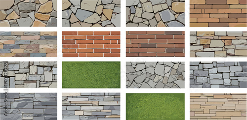 Collage of various stone and brick wall textures and grass surfaces displayed in a grid arrangement