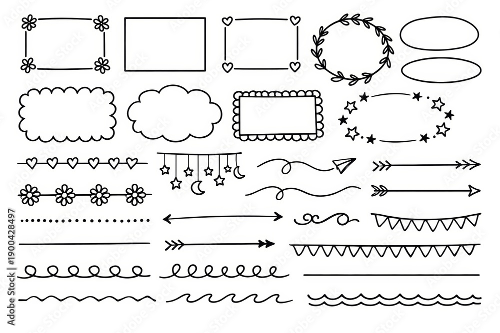 Obraz premium Collection of hand-drawn doodle elements for journaling and bullet planning