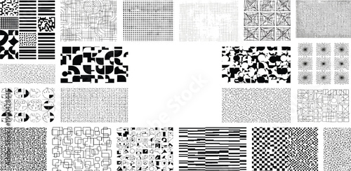 Collage of various black and white patterns and textures displayed together in a grid formation