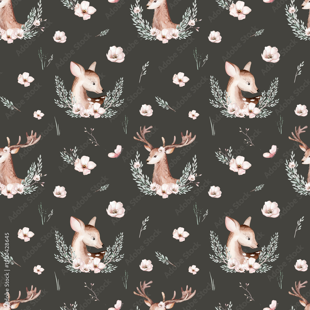 Fototapeta premium Watercolor Woodland animals seamless pattern. Fabric wallpaper forest with baby deer trees. bird baby animal Nursery backgrouns