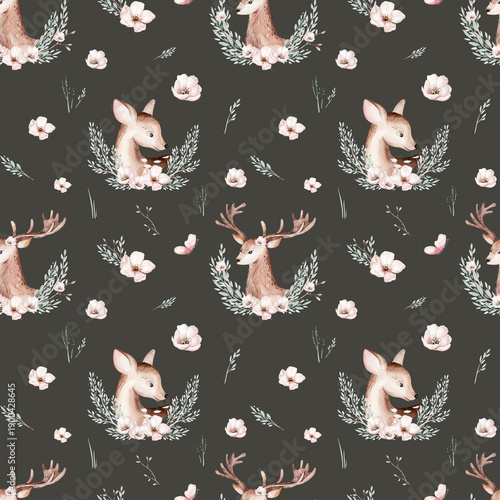 Watercolor Woodland animals seamless pattern. Fabric wallpaper forest with baby deer trees. bird baby animal Nursery backgrouns