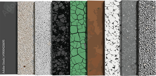 Collection of diverse road surface textures and materials, including cracked and worn asphalt, concrete, and gravel viewed from directly above.