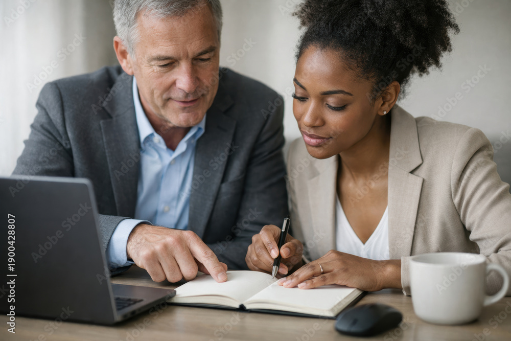 Fototapeta premium Businessman and woman collaborating with notebook and laptop in office setting