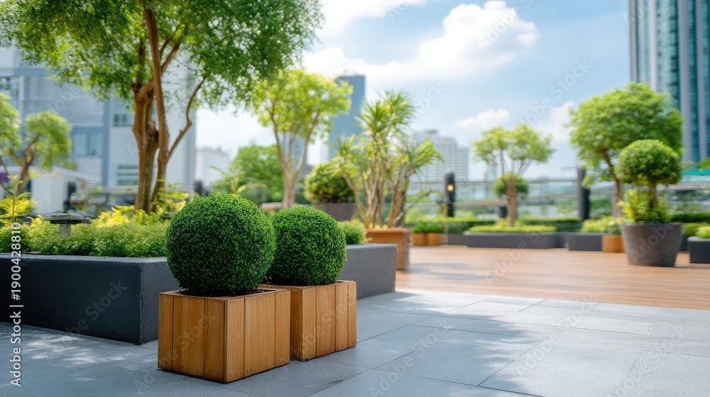 Fototapeta premium Lush Urban Landscape with Decorative Plants and Greenery in a Modern Outdoor Space