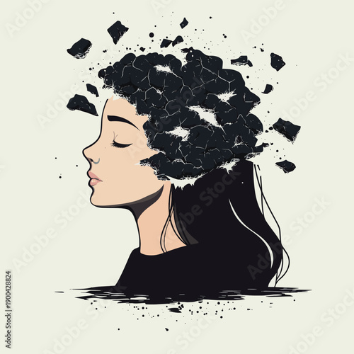 Young woman losing parts of head as symbol of decreased mind function. , vector style simple color