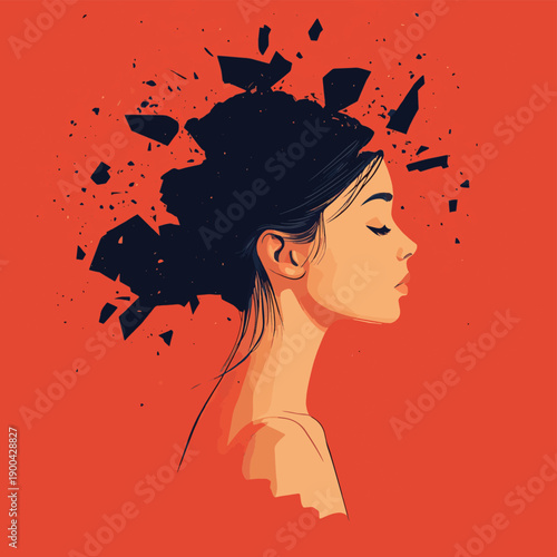 Young woman losing parts of head as symbol of decreased mind function. , vector style simple color