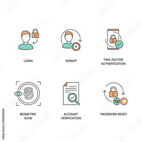 User authentication and account management icons for digital security and online access
