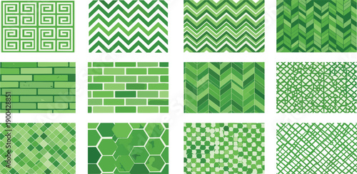 Collection of various green patterns displayed in a grid, showcasing diverse designs and textures, viewed from directly above