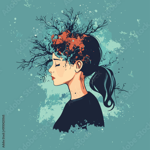 Young woman losing parts of head as symbol of decreased mind function. , vector style simple color