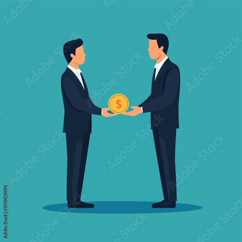 Businessman gives man a gold coin. Financial concept of borrowing money , vector style simple color