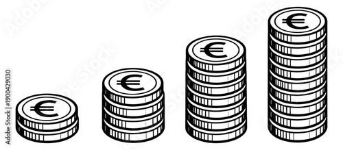 Line art Euro coins stacks set featuring four stacks of currency in varying heights for financial growth