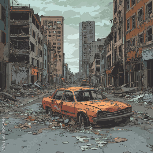 Vector of a city in ruins with destroyed, abandoned buildings, burned cars on streets , vector style simple color