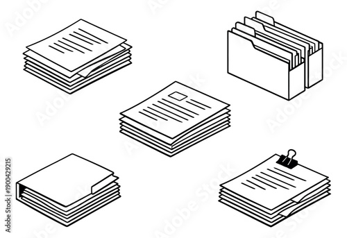 Isometric hand drawn line art document set featuring stacks of papers, files, and a document holder for office organization