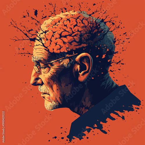 Vector of a senior man losing parts of head as symbol of decreased brain function , vector style simple color