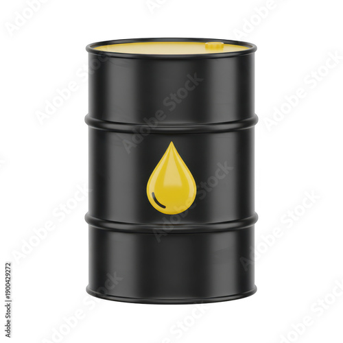 3D rendered black oil barrel with golden drop symbol isolated on transparent background
