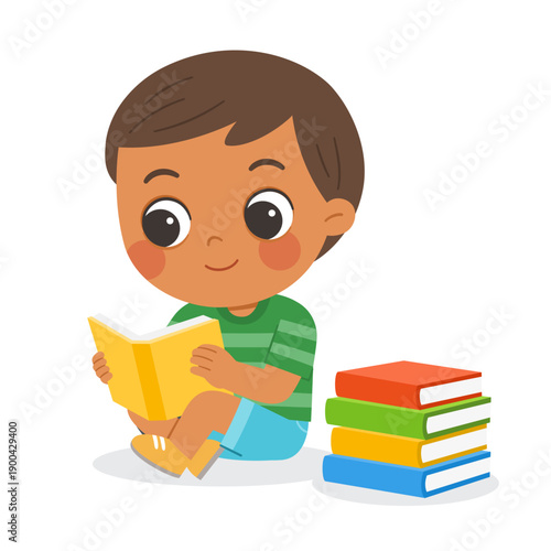 Cute Little Boy Sitting and Reading a Book with a Stack of Books Vector Illustration. Education concept.
