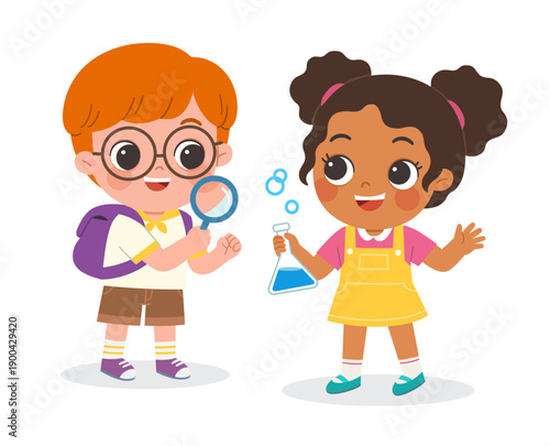 Cute diverse children doing science experiments and exploring with magnifying glass STEM education Vector Illustration.