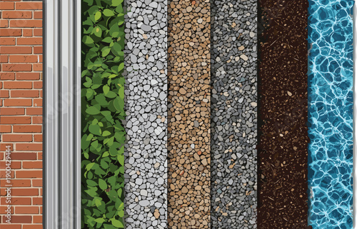 Vertical arrangement of diverse materials and plants in a structured display against a brick wall, showcasing texture and variety from a close-up viewpoint.