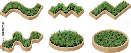 Collection of decorative planters with lush green plants in various shapes displayed on a clean background from a top-down viewpoint