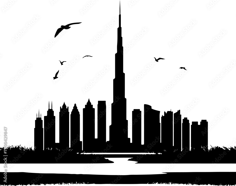 Obraz premium dubai city skyline with burj khalifa silhouette