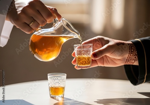 Cultural Hospitality Serving Warm Beverage From Glass Pitcher To Small Decorated Cups Family Tradition Celebration Gathering Sharing Refreshment