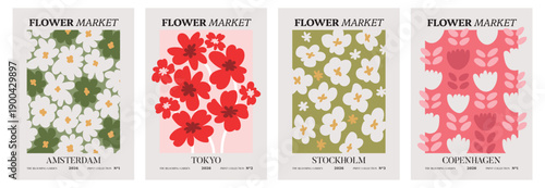 Flower Market Poster, Blooming Garden Floral Wall Art, Retro Botanical Print, Minimal Flower Pattern Decor