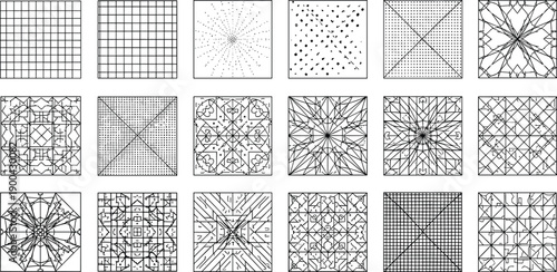 Various geometric patterns displayed in a grid of square tiles from a top-down viewpoint