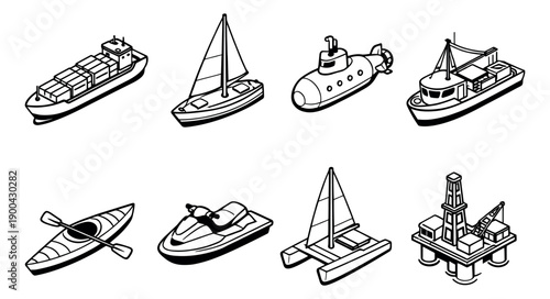 Line art marine and water transportation set featuring various watercraft and an offshore oil rig for nautical and industry concepts